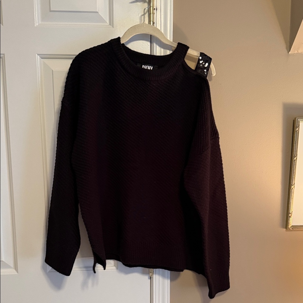DKNY Black Crew Neck Sweater with one cold shoulder